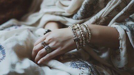 A woman is wearing a lot of bracelets and rings on her hand