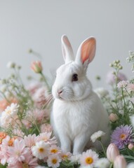 Obraz premium there is a white rabbit sitting next to a bunch of flowers