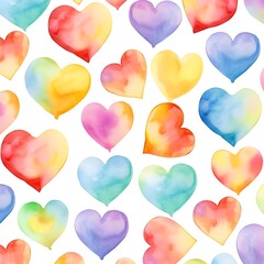 Obraz premium Watercolor Hearts, seamless pattern with hearts, multi color hearts on white background Valentine's Day Card, invitation, banner background HD, Love Romantic, Romance