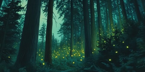 Fototapeta premium Enchanted Forest at Twilight Glowing Fireflies in a Deep Woodland
