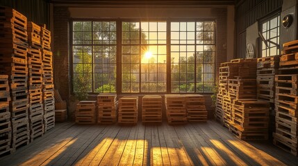 Cozy Industrial Warehouse Interior at Sunrise with Wooden Pallets Stacked Neatly Against Bright Windows Casting Long Shadows on Wooden Floor