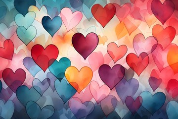 Watercolor Hearts, seamless pattern with hearts, multi color hearts on white background Valentine's Day Card, invitation, banner background HD, Love Romantic, Romance