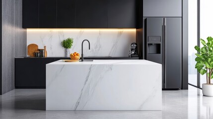 Modern Minimalist Kitchen Design with Black Cabinets and Marble Island