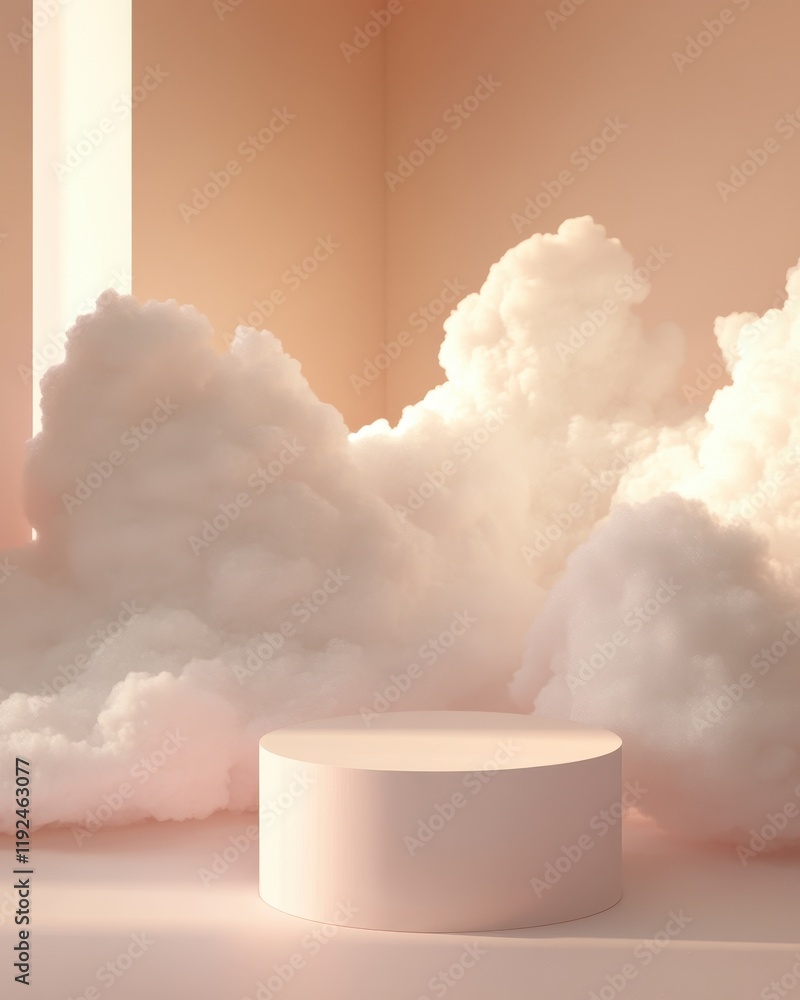 Poster Minimalist 3D Product Display Podium with Dreamy Soft Peach Clouds and Subtle Lighting.