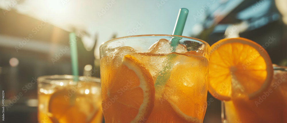 Poster refreshing freshly squeezed orange juice with ice on a sunny afternoon