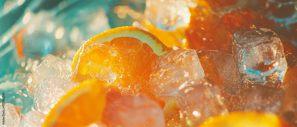Poster Refreshing citrus drink with ice and fresh orange slices in a vibrant setting