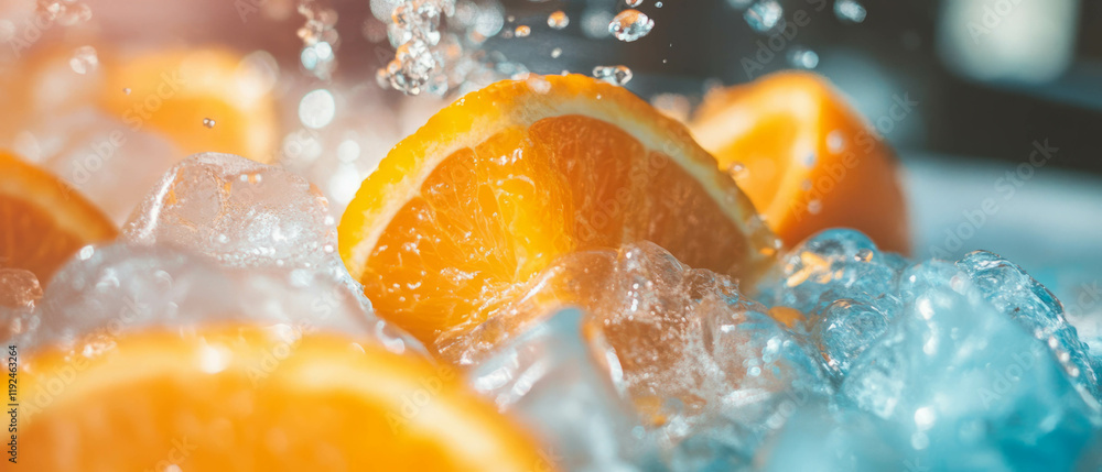Poster refreshing citrus drink with freshly squeezed orange juice and ice for a summer boost
