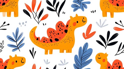 Playful Vector Pattern of Colorful Dinosaurs and Leaves Design