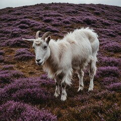 Fototapeta premium A goat grazing on a hillside covered in purple heather.