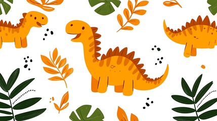 Playful Clean Vector Pattern with Cute Dinosaurs and Plants