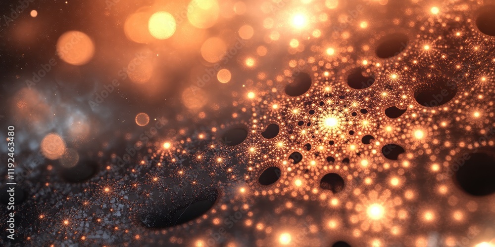 Poster abstract fractal texture with golden bokeh lights and intricate patterns.
