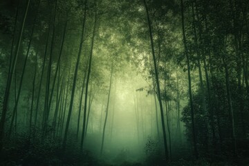 Naklejka premium Ethereal Bamboo Forest in Fog, Moody and Mystical Landscape.