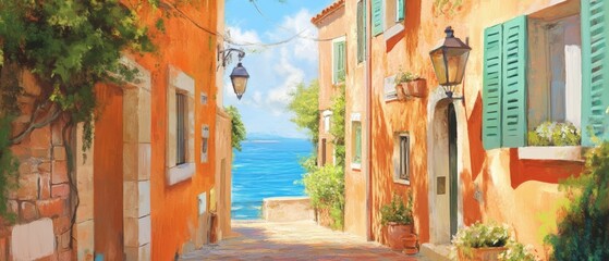 Coastal village street with colorful buildings and view of the sea, capturing serene summer vibes and charming architecture, perfect for travel and tourism.