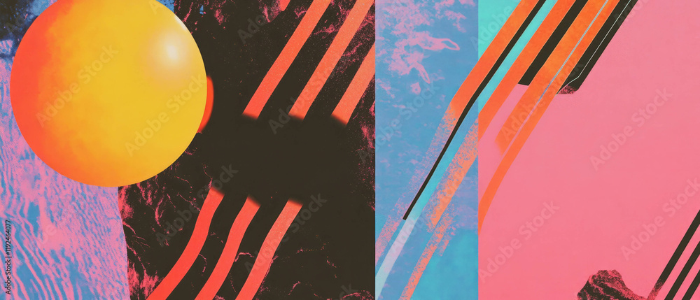 Poster Exploring bold geometric patterns and vibrant colors in retro futuristic design