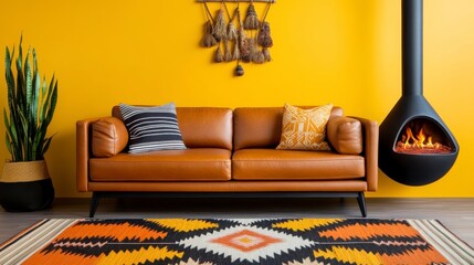 Modern Living Room with Orange Wall, Leather Couch, and Decorative Elements