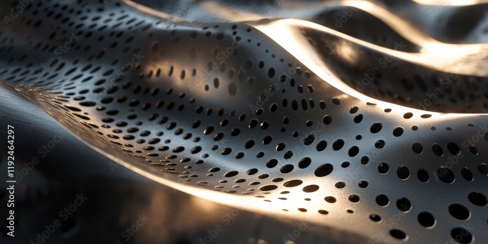 Poster abstract metallic perforated surface with wavy texture and backlighting.