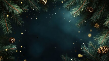 Festive Evergreen Branches and Pinecones with Bokeh Lights on Dark Blue Background.