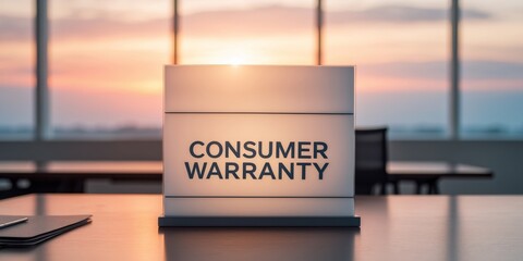 Consumer Warranty Sign on Office Table at Sunset
