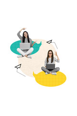 Vertical creative composite photo collage of positive girls chatting sitting on dialog bubbles with...