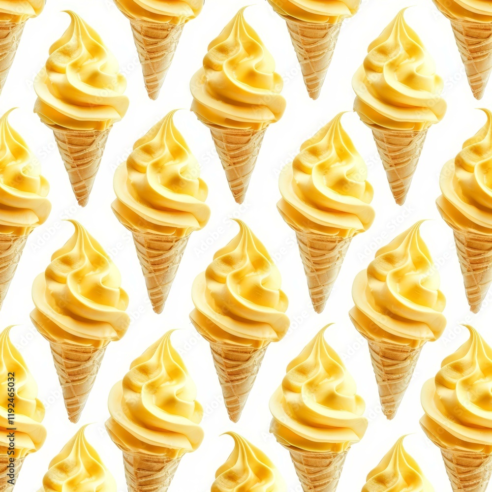 Poster seamless pattern of appetizing lemon or mango soft serve ice cream cones, creating a delightful summ