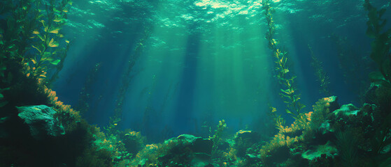 Serene underwater world with vibrant green algae and aquatic plants