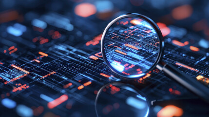 3D magnifying glass focusing on digital data patterns, showcasing technology and innovation in vibrant, futuristic setting