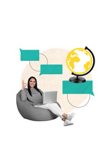 Vertical composite photo collage of satisfied girl sit on pouf with laptop chatting show okey isolated on creative drawing background