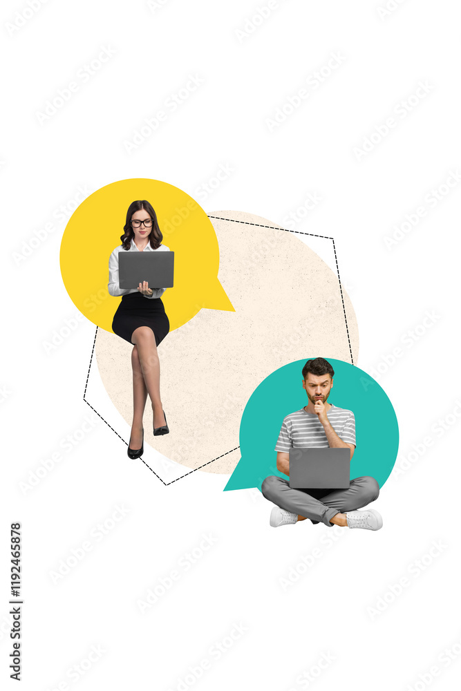 Aufkleber vertical creative composite photo collage of minded thoughtul people on remote meeting sit with lapt