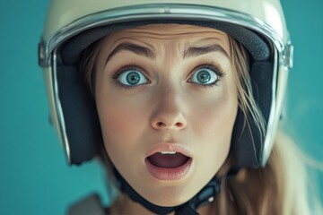 Surprised young woman wearing a helmet with bright blue eyes looking directly at the camera indoors