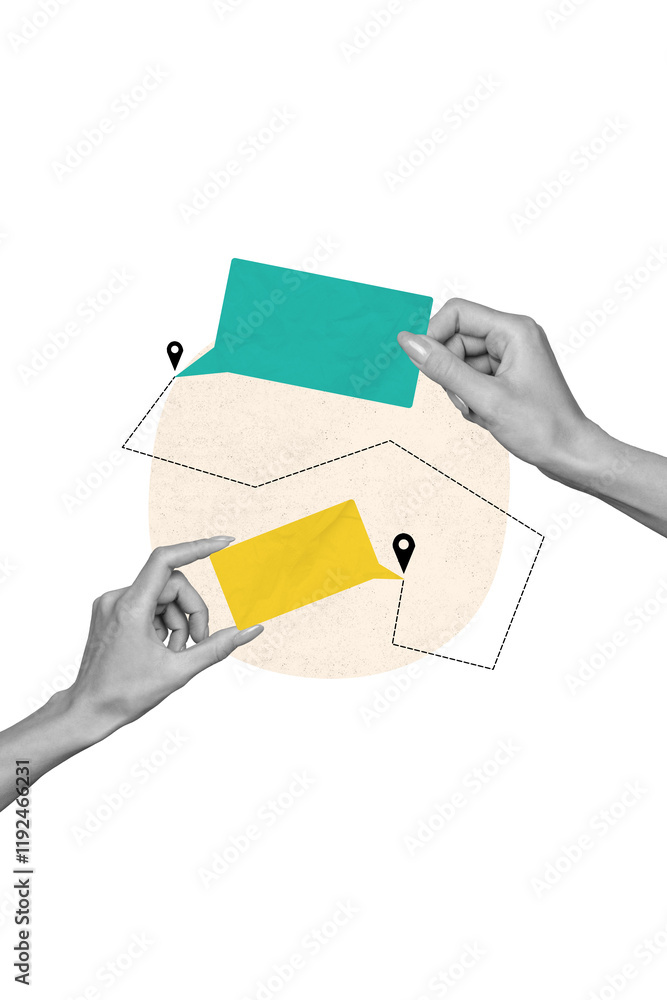 Poster vertical creative collage image of hands holding message bubble location navigation gps path convers