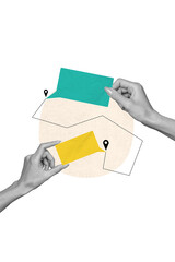 Vertical creative collage image of hands holding message bubble location navigation gps path...