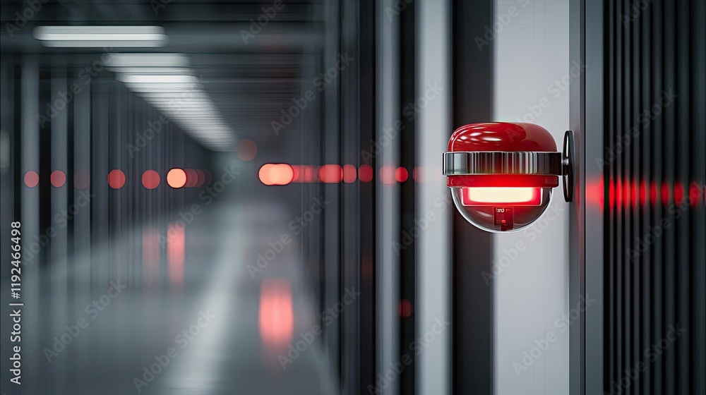 Poster fire alarm idea. modern security system with a red alert light in a sleek corridor.