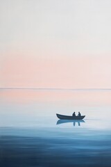 Couple in a kayak on calm water at sunrise, reflecting serene colors of the sky, creating a peaceful scene perfect for relaxation or travel themed projects.