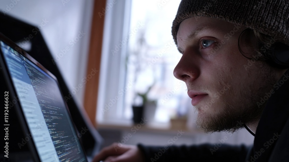 Poster a person working on laptop with a beanie hat, possibly in a home office or library setting
