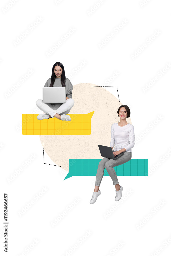 Poster vertical creative composite photo collage of women sit on dialog clouds communicating on laptops iso