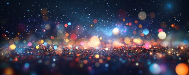 Obraz premium Celestial Night A Dreamy Panorama of Sparkling Stars and Bokeh Lights in a Dark Sky.