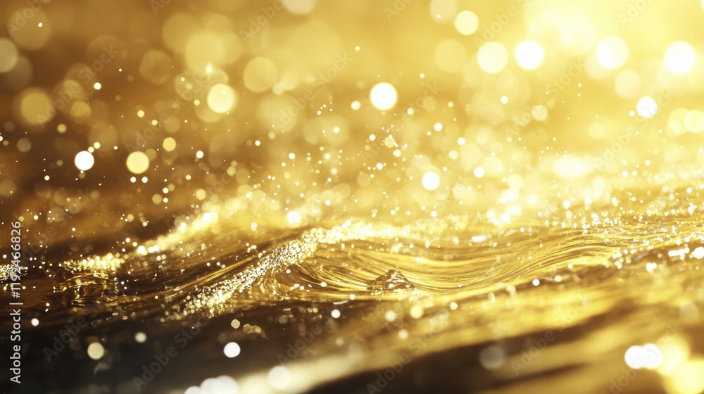 Poster elegant golden abstract background with sparkling bokeh lights and wavy texture.