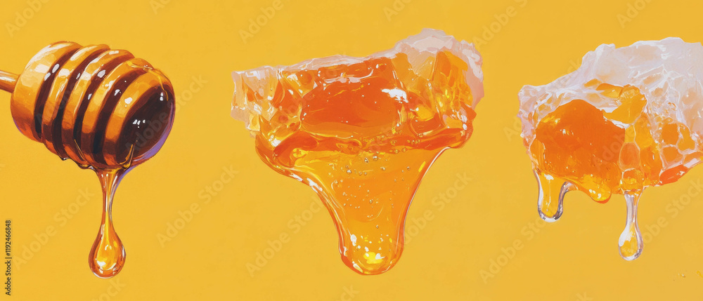 Poster honey dripping from a dipper captures the essence of natural sweetness in a vibrant display