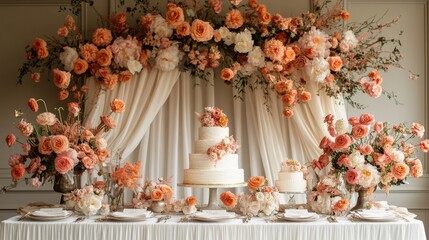 Elegant floral wedding cake display with peach roses and greenery at a celebration venue