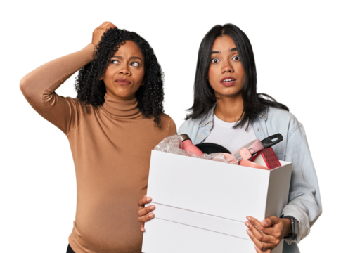 Latin women couple moving, one pregnant  being shocked, she has remembered important meeting.