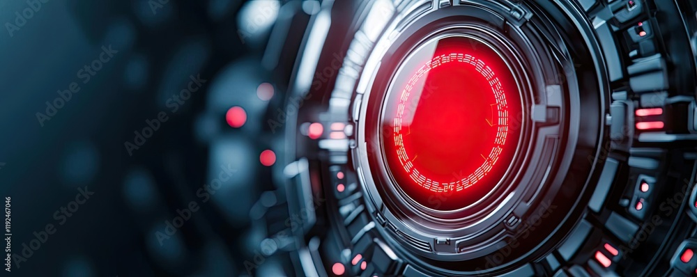Poster fire alarm idea. futuristic robotic eye with a glowing red center and intricate mechanical details.