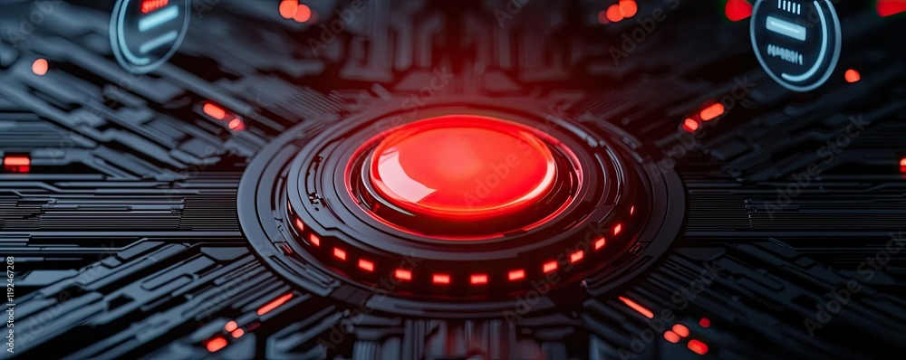 Poster Fire alarm idea. Futuristic red button on a dark circuit board background, symbolizing innovation.