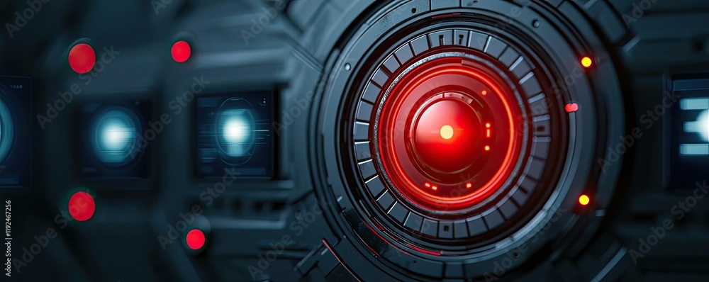 Poster fire alarm idea. futuristic interface with a prominent red eye, symbolizing advanced technology.