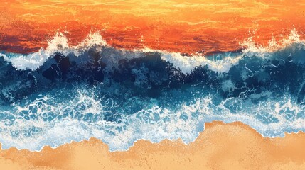 Fototapeta premium Aerial View of Vibrant Ocean Waves Crashing on a Golden Sandy Beach, Painted Style.