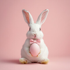 Fototapeta premium Cute white Easter bunny holding a decorated pink egg and wearing a bow tie, embodying the spirit of easter celebration