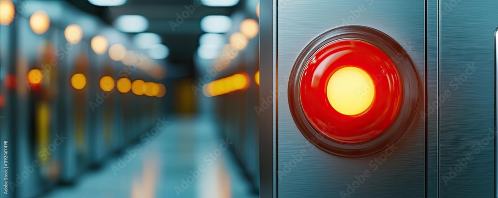 Poster Fire alarm idea. Close-up of a red warning light in a modern technological environment.