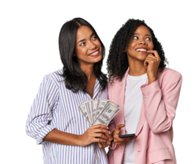 Latin businesswomen with money, phone relaxed thinking about something looking at a copy space.