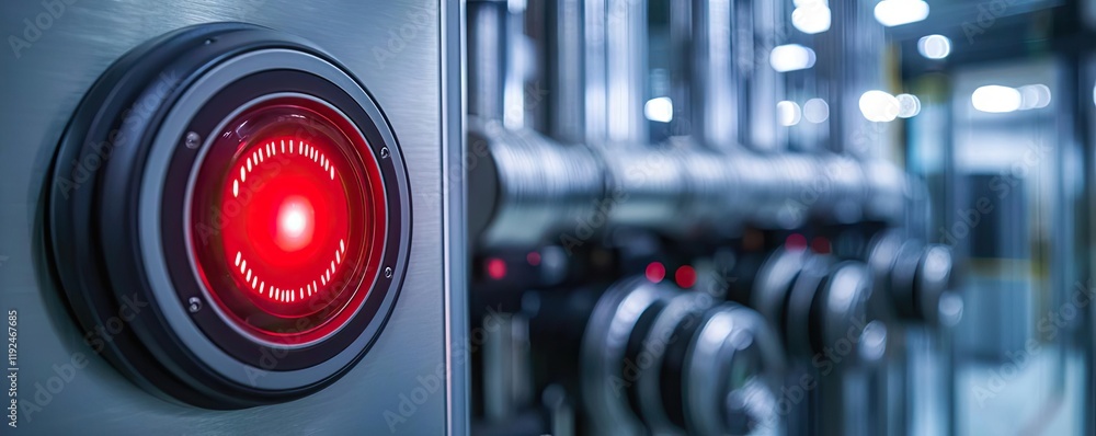 Poster fire alarm idea. a close-up of a red indicator light on industrial machinery, symbolizing alert stat