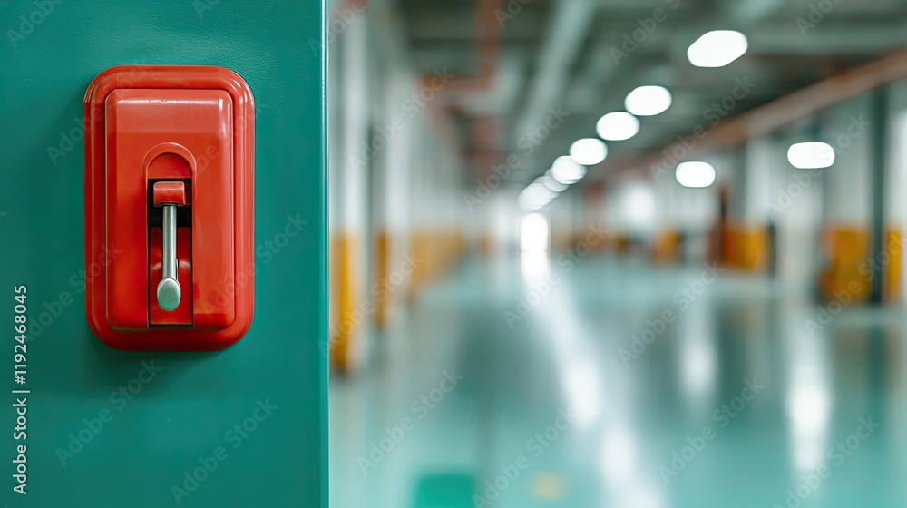 Poster fire alarm idea. close-up of a red emergency switch on a green wall in a large industrial space.