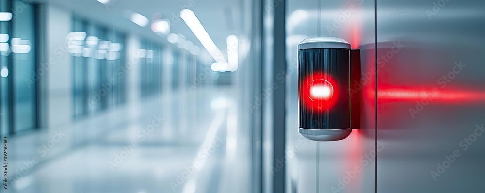 Poster fire alarm idea. a close-up of a red security indicator in a modern, illuminated corridor.